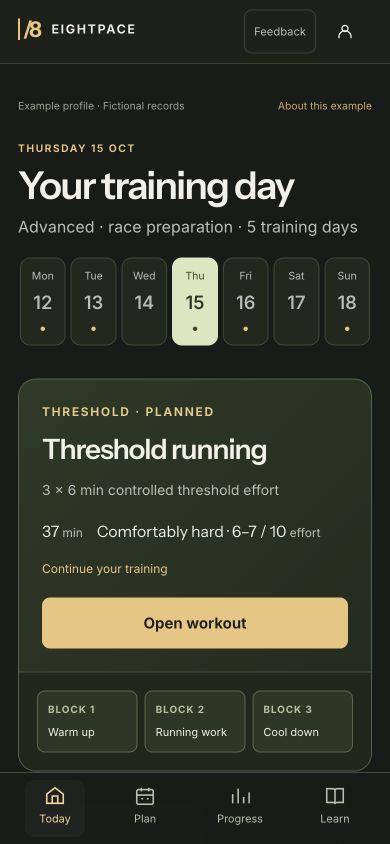 Actual Eightpace app screen: Start with your next session.